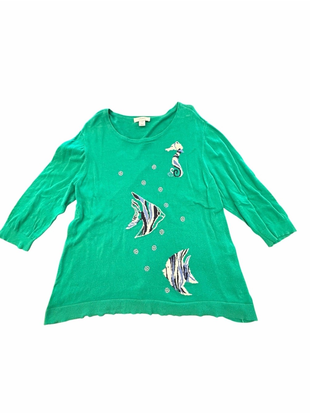 CJ Banks Women's 1X Embellished Green Sweater Tropical Fish Coastal Cotton